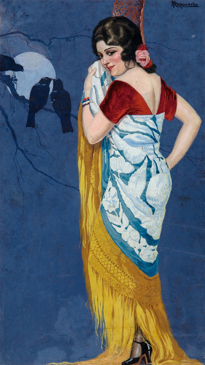 Mladá žena s úsměvem v měsíčním světle, cca 1925 (kvaš na papíře) od Ramón José Izquierdo y Garrido