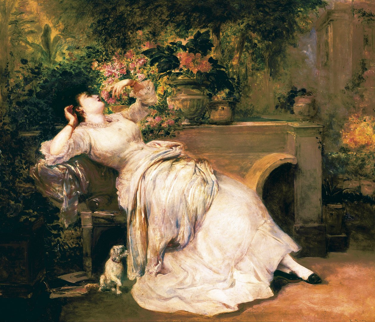 Žena v zahradě. Obraz Ramona Martiho i Alsina (1826-1894), 2. polovina 19. století. od Ramón Martí Alsina