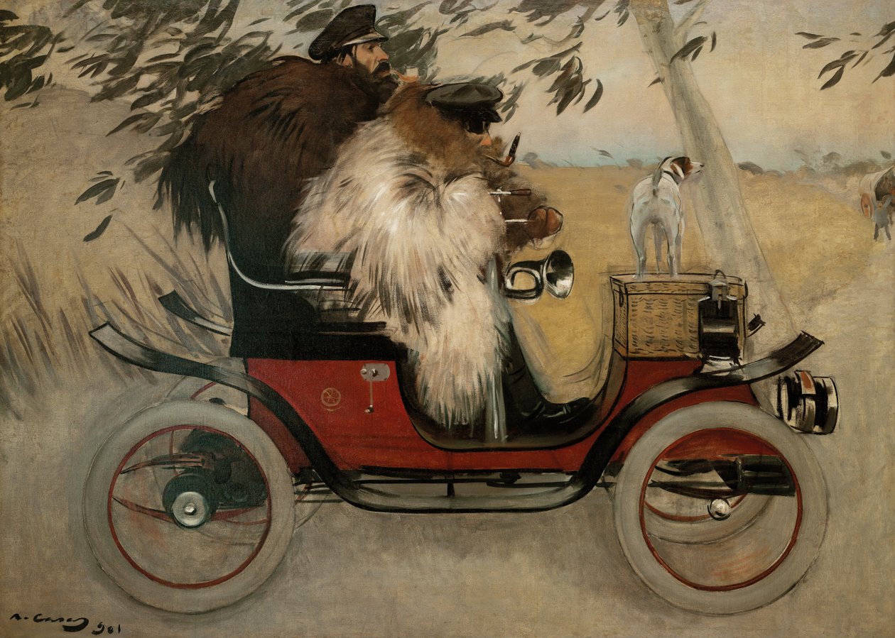 Ramon Casas a Pere Romeu v automobilu od Ramon Casas i Carbo