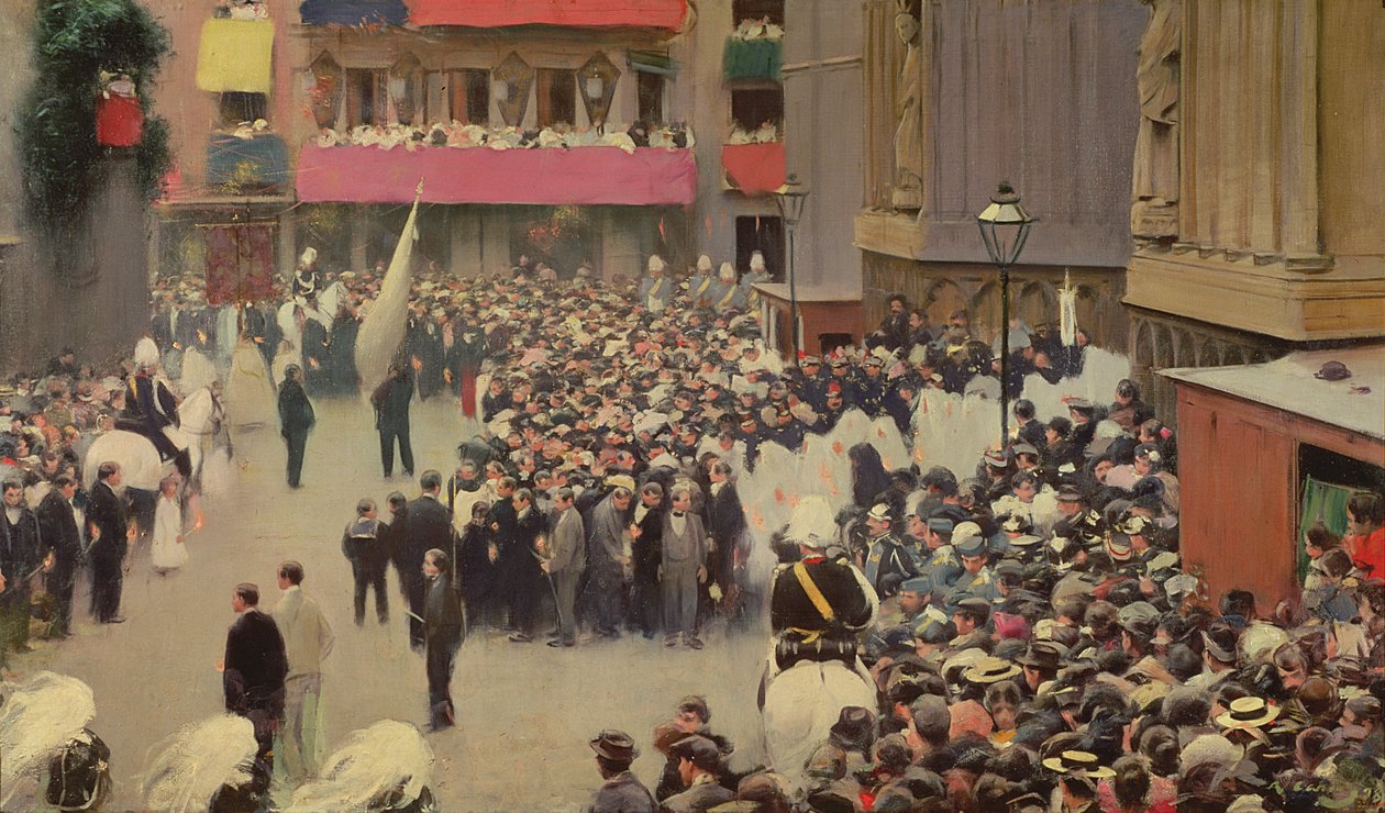 Procesí Božího těla opouštějící kostel Santa Maria del Mar, 1898 od Ramon Casas i Carbo
