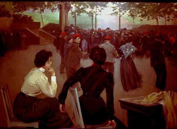 Sardanas ve fontáně Saint Roque v Olot, kolem 1901-02 (olej na plátně) od Ramon Casas i Carbo