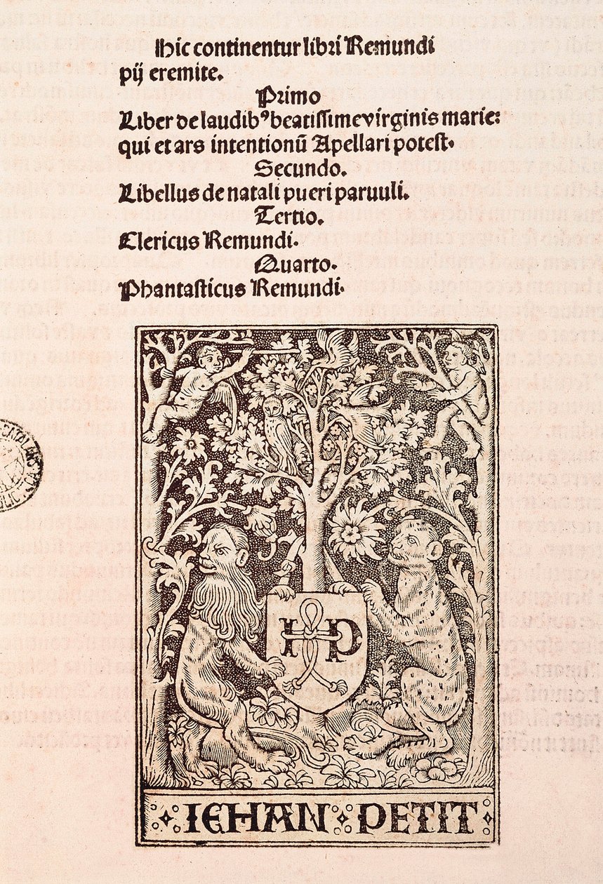 Strana kodexu "De Laudibus Beatissimae Virginis Mariae" od Ramona Llulla (1235-1315), zobrazující dva lvy držící erb tiskaře Jehana Petita od Ramon Llull