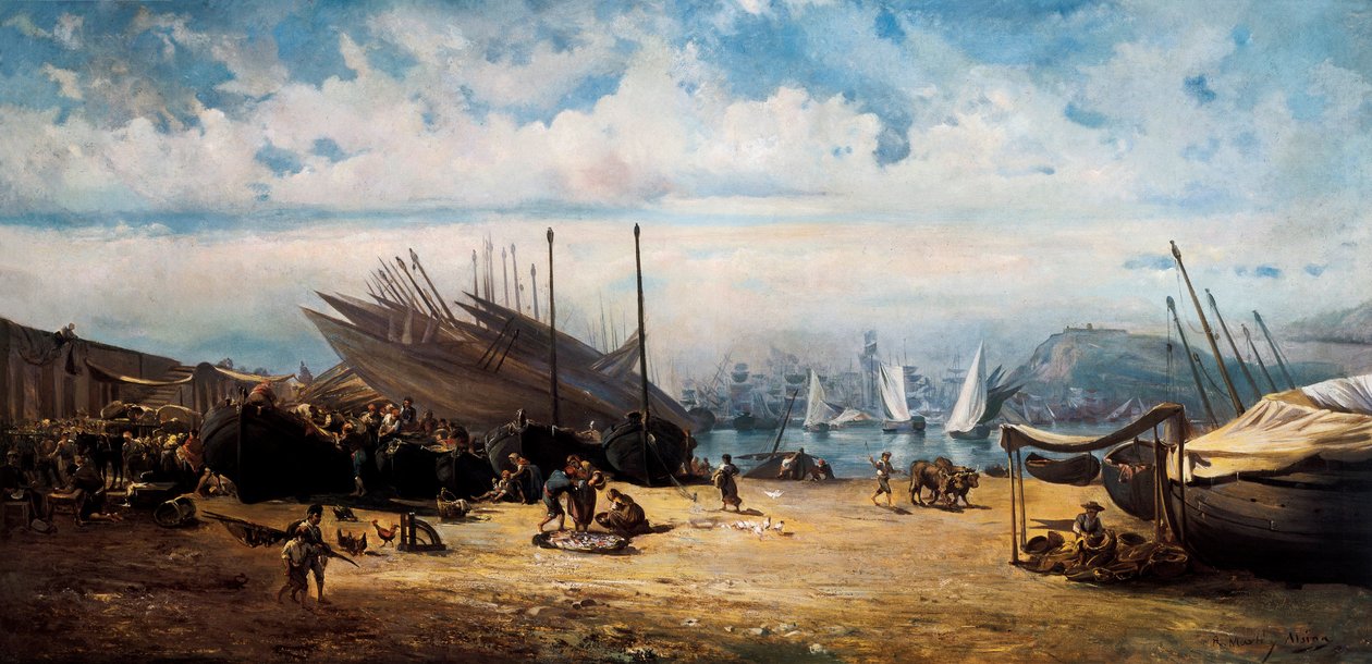 Barceloneta (centrální čtvrť Barcelony). Obraz od Ramona MARTI i ALSINA (1826-1894) od Ramón Martí Alsina