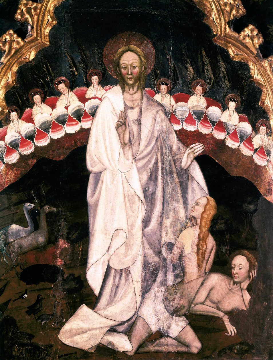 Stvoření světa, pod stvořením Evy, Detail oltářního obrazu kostela San Sebastian de Guimera. Rempe na dřevě od Ramona de Mur († 1435) 1402-1412. Biskupské muzeum Vic. Katalánsko Španělsko od Ramon de Mur