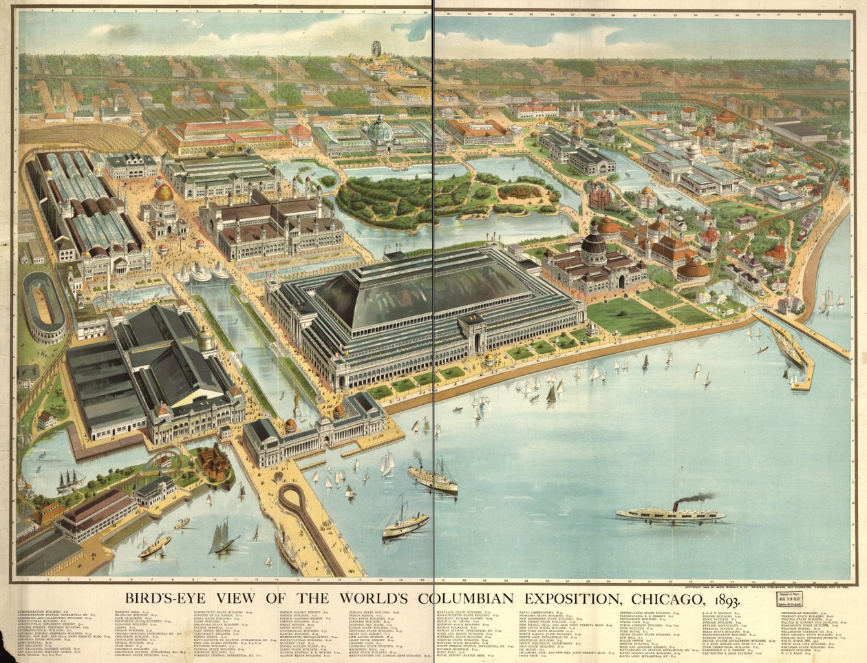 Pohled na Světovou kolumbijskou výstavu z ptačí perspektivy, Chicago, 1893. LOC 98687181 od Rand McNally and Company