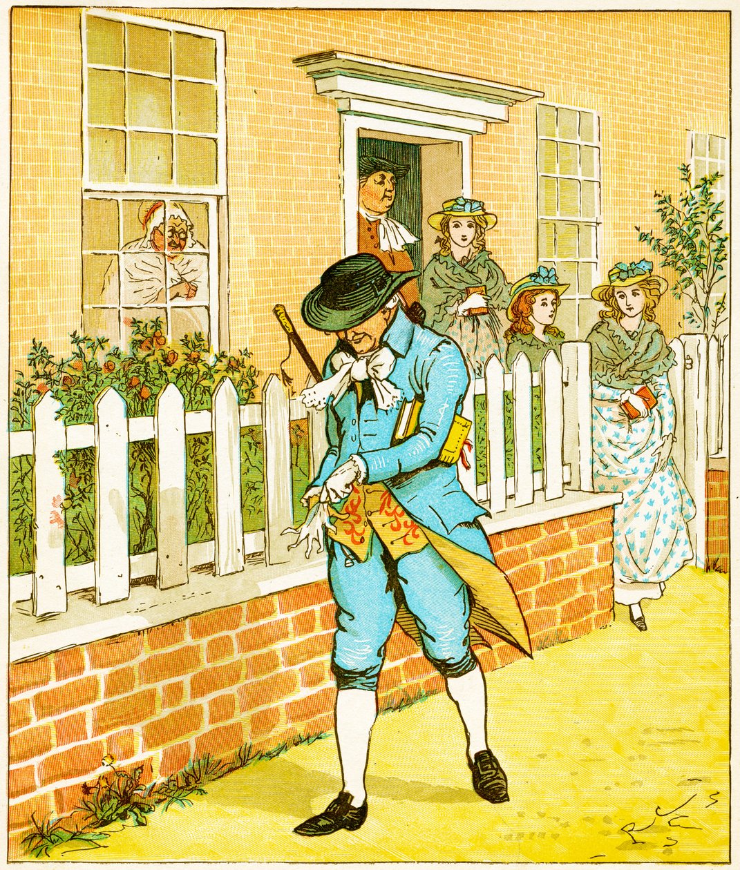 V Islingtonu žil muž, o kterém by svět mohl říci, že je to stále zbožná rasa, kterou provozoval jako ilustrace k Elegii na šíleném psovi od Olivera Goldsmitha, 1879 od Randolph Caldecott
