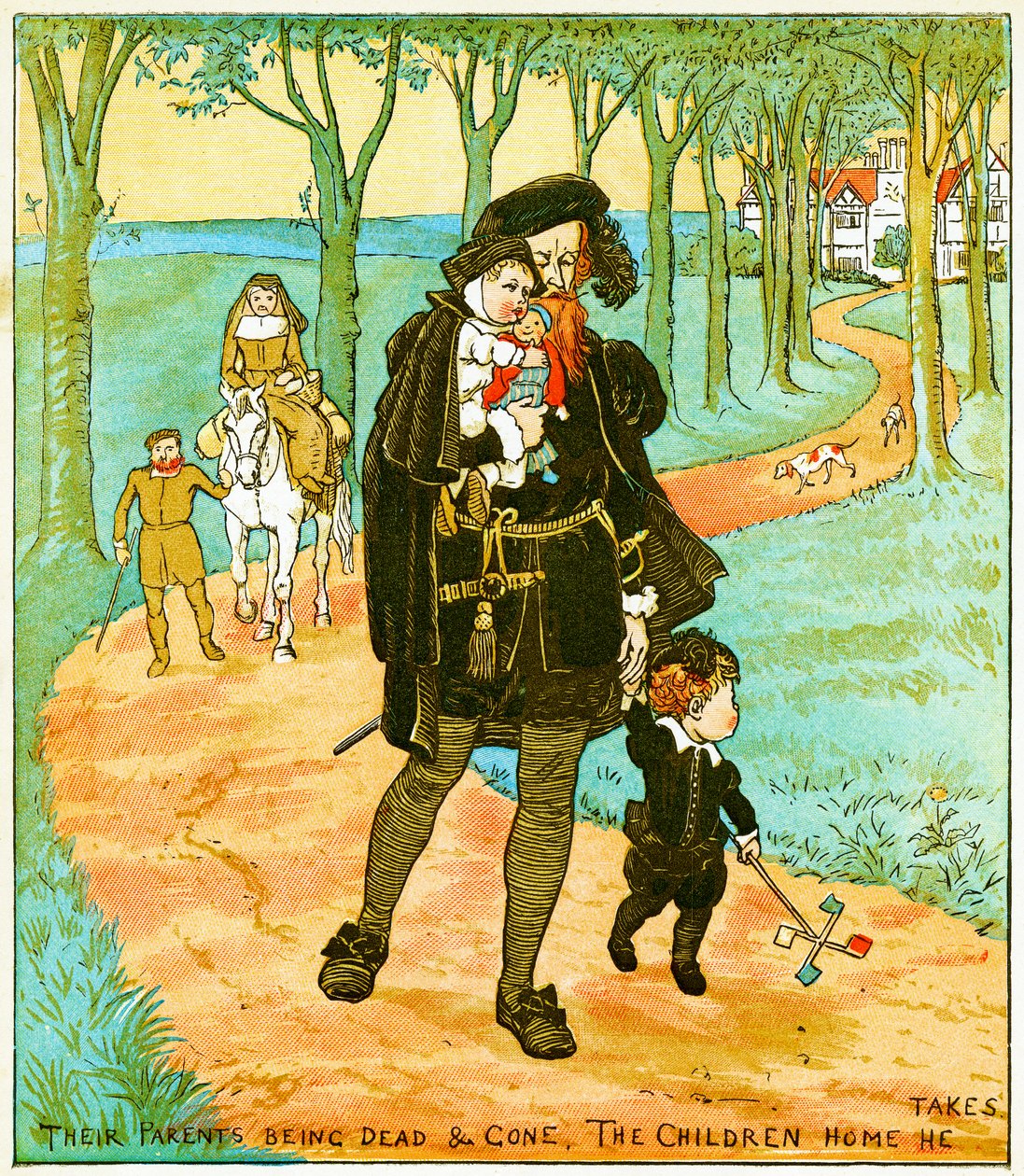 „Rodiče jsou mrtví a pryč, děti si bere domů“, ilustrace pro Babes in the wood, 1885 od Randolph Caldecott