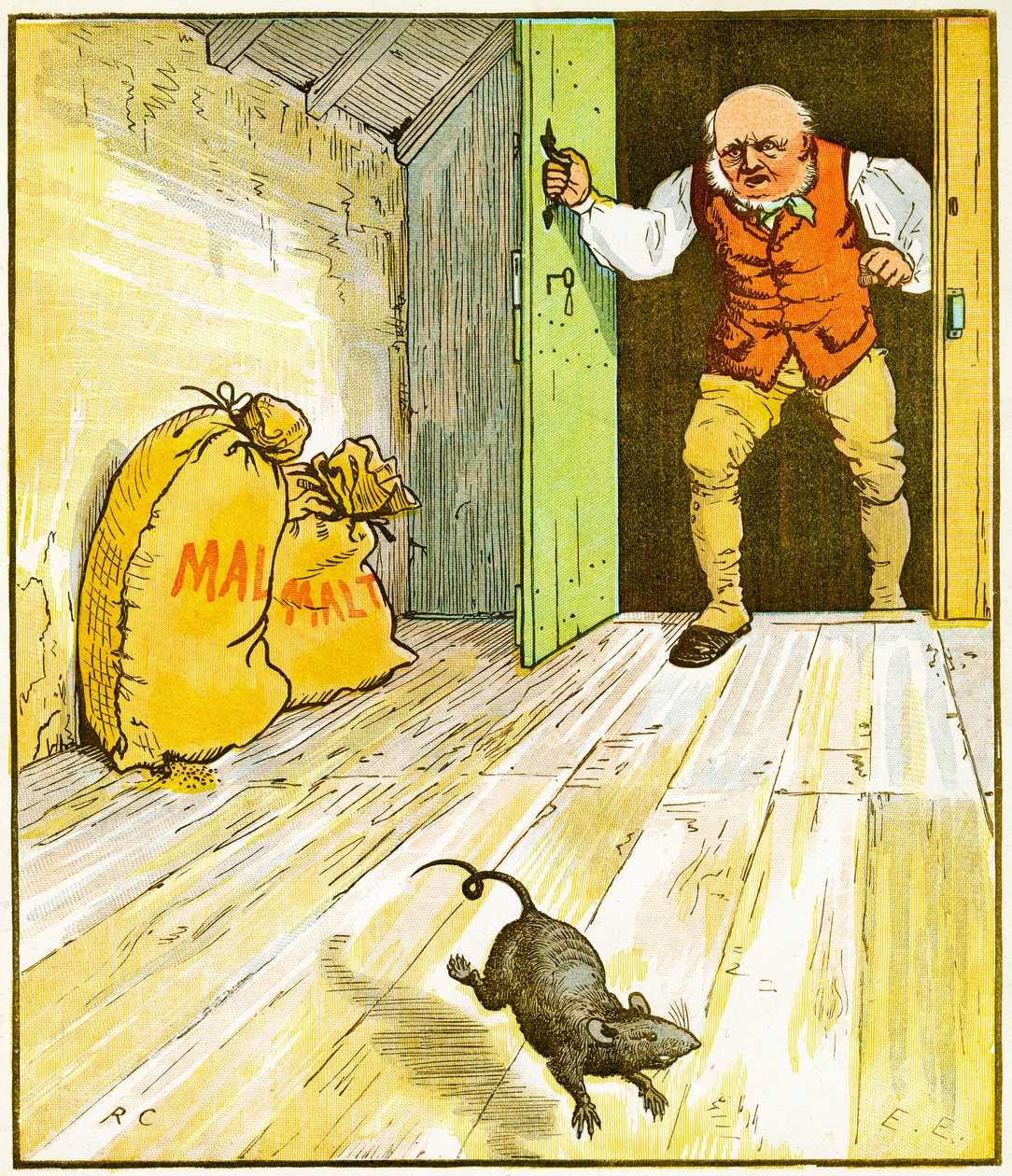 Toto je krysa, která sežrala slad, která ležela v domě, který Jack postavil, ilustrace k The House that Jack Built, 1887 od Randolph Caldecott