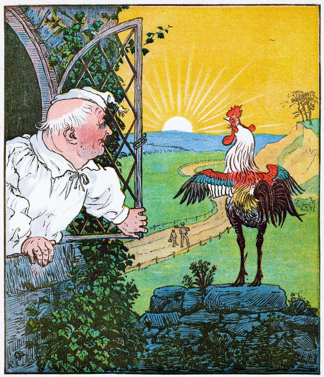 Toto je kohout, který ráno zakokrhal, který probudil soudce, celý oholený a ostříhaný, ilustrace z The House that Jack Built, 1896 od Randolph Caldecott