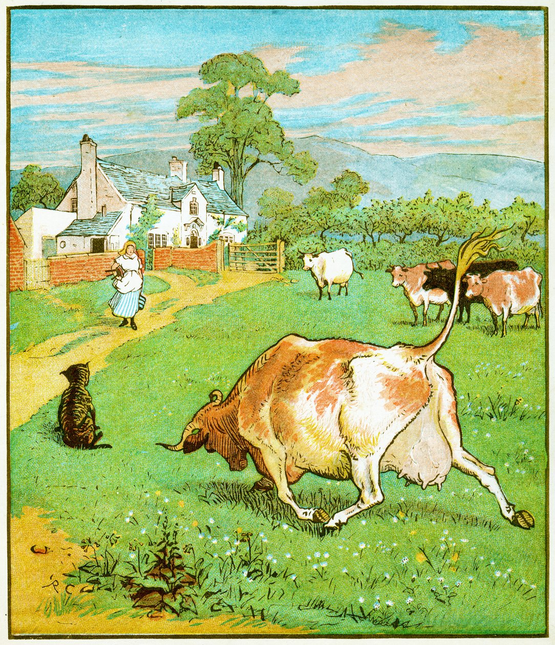 Tohle je kráva se zmuchlaným rohem, která házela psí ilustraci k The House that Jack Built, 1878 od Randolph Caldecott