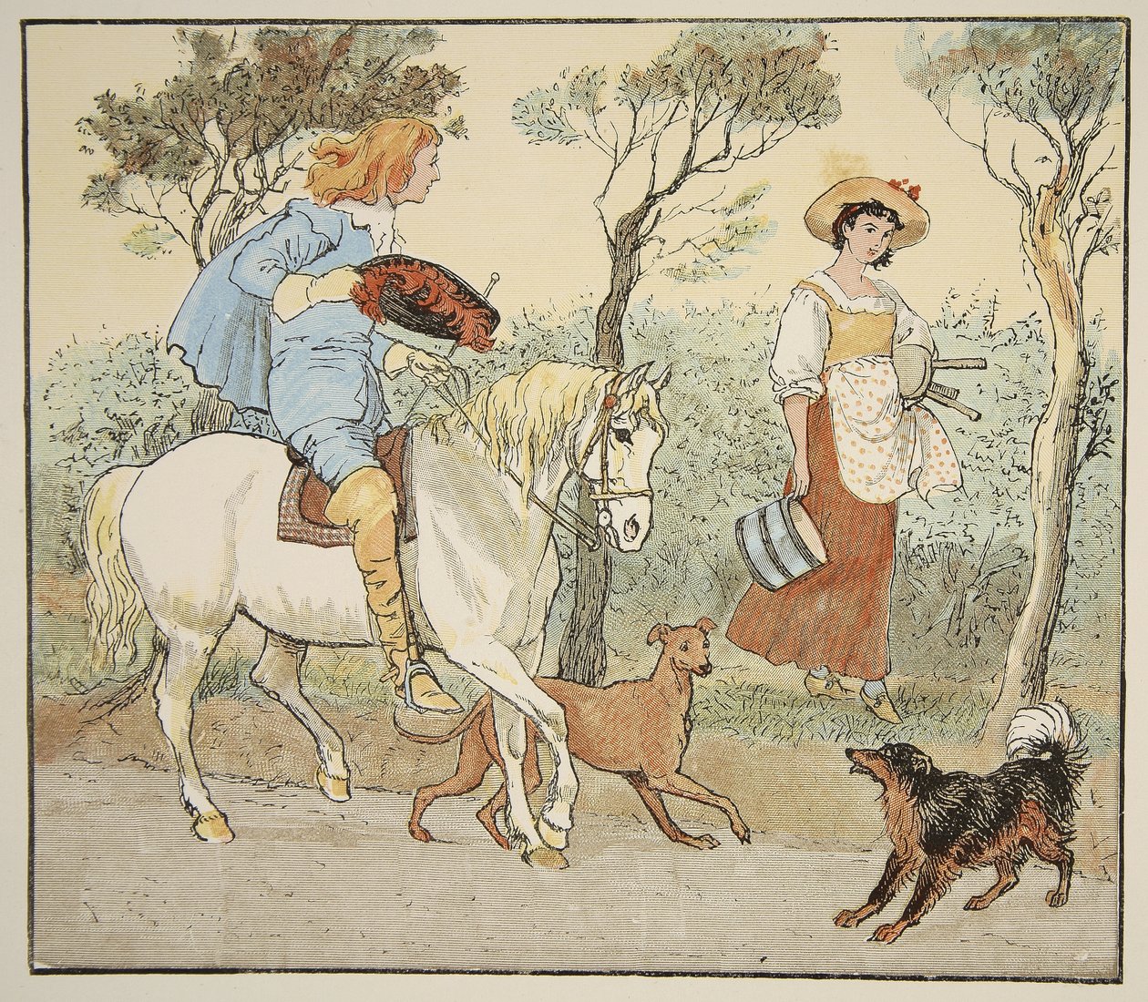 Kam jdeš, má Pretty Maid, ilustrace z The Milkmaid, hospoda. od Frederick Warne and Co. od Randolph Caldecott