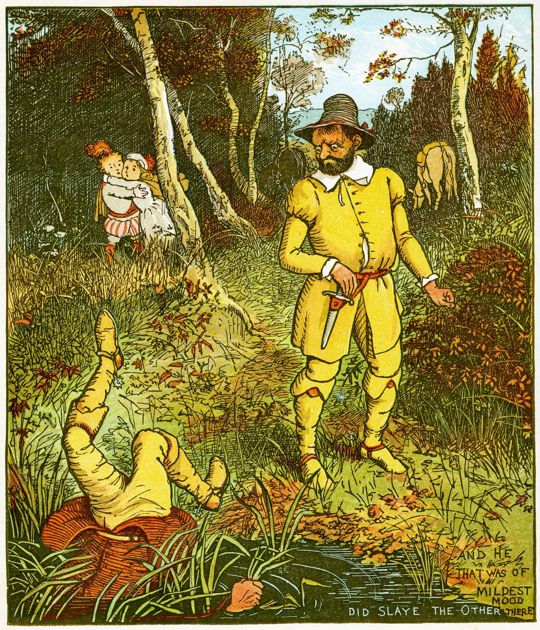 „A ten, kdo byl nejmírnější nálady, tam toho druhého zabil“, ilustrace od Babes in the wood od Randolph Caldecott