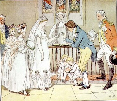 "A velmi nerozvážně se provdala za holiče" z hospody "The Great Panjandrum". od Frederick Warne & Co. (barevná rytina) od Randolph Caldecott