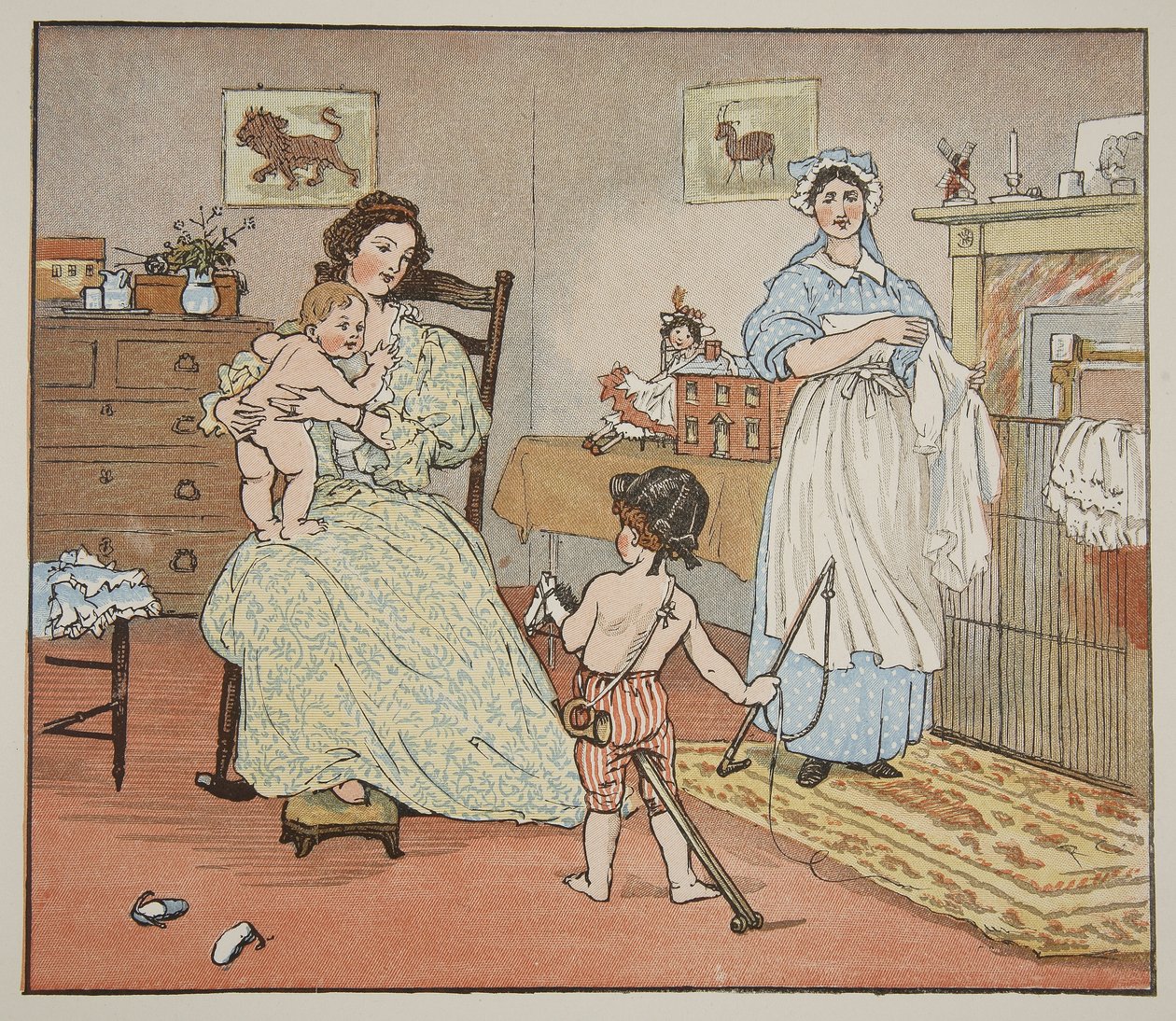 Bye, Baby Bunting, ilustrace z knihy "Hey Diddle Diddle and Bye, Baby Bunting", 1882 od Randolph Caldecott