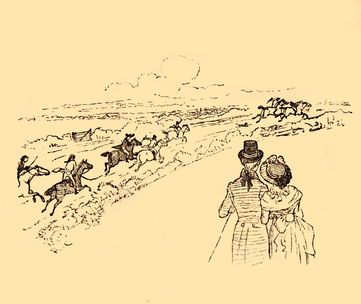 Přihlížející sledují, jak je John Gilpin pronásledován krajinou, 1878, c1918. od Randolph Caldecott