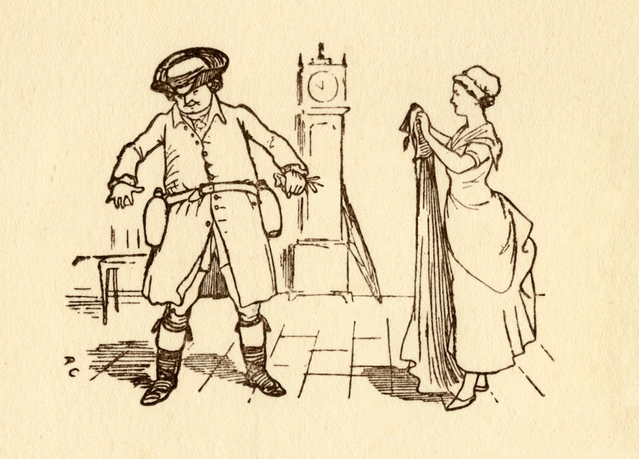 John Gilpin si k opasku připevňuje láhve vína, 1878, c1918. od Randolph Caldecott