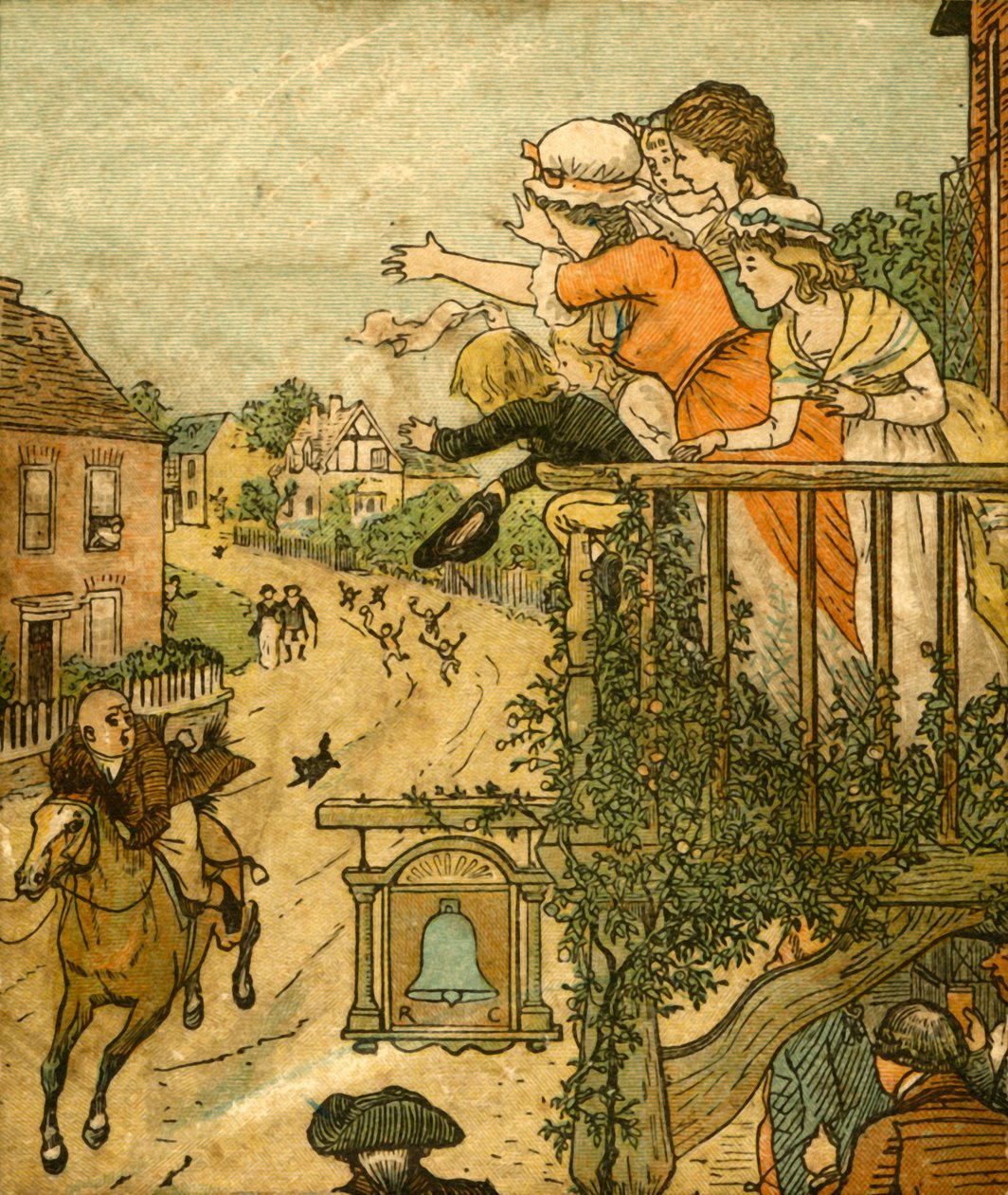 John Gilpin cválá kolem Bell Inn, zatímco jeho žena a děti mávají z balkónu, 1878, c1918. od Randolph Caldecott