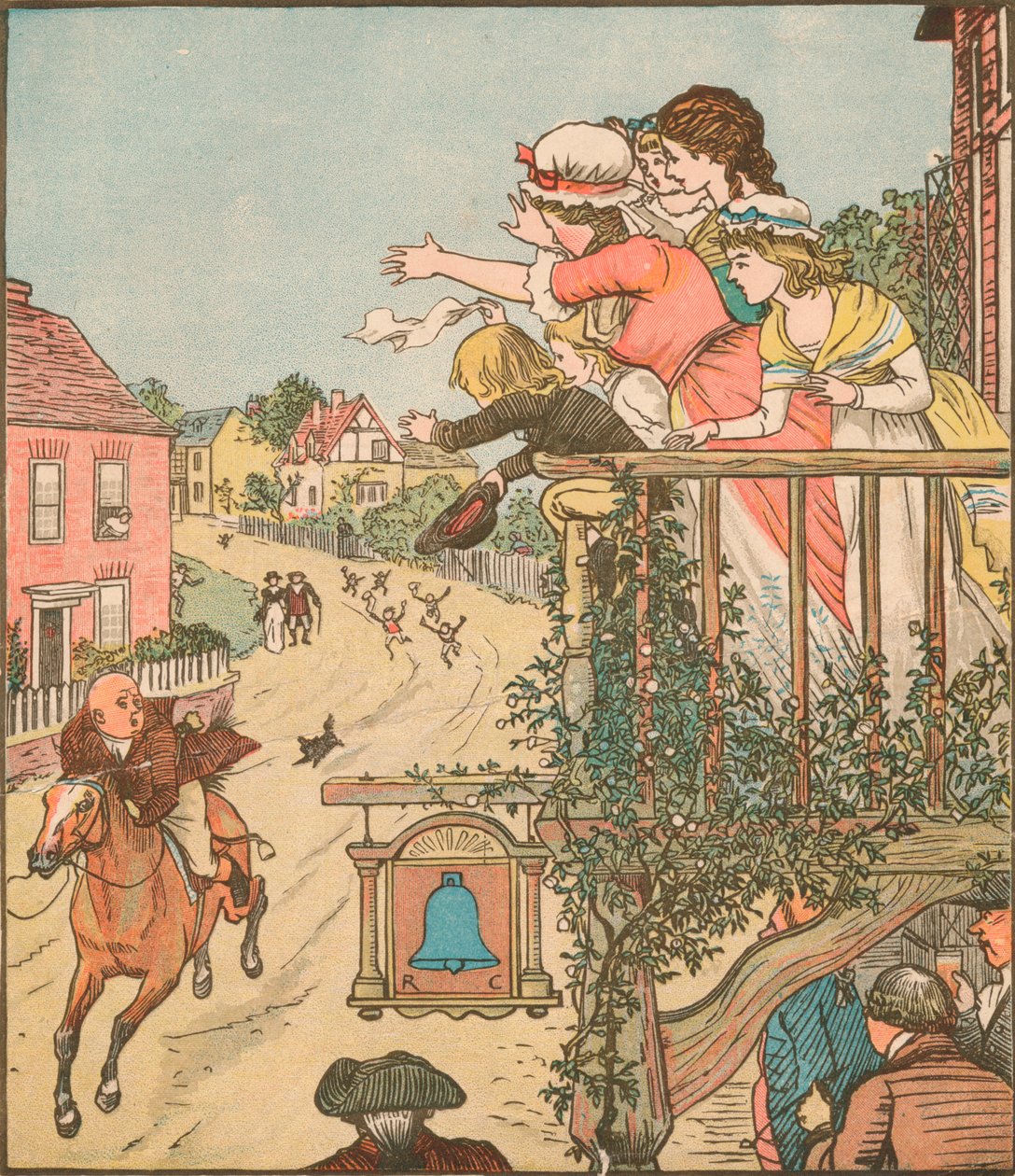 John Gilpin cválá kolem Bell Inn, zatímco jeho žena a děti mávají z balkónu, 1878, c1918. od Randolph Caldecott