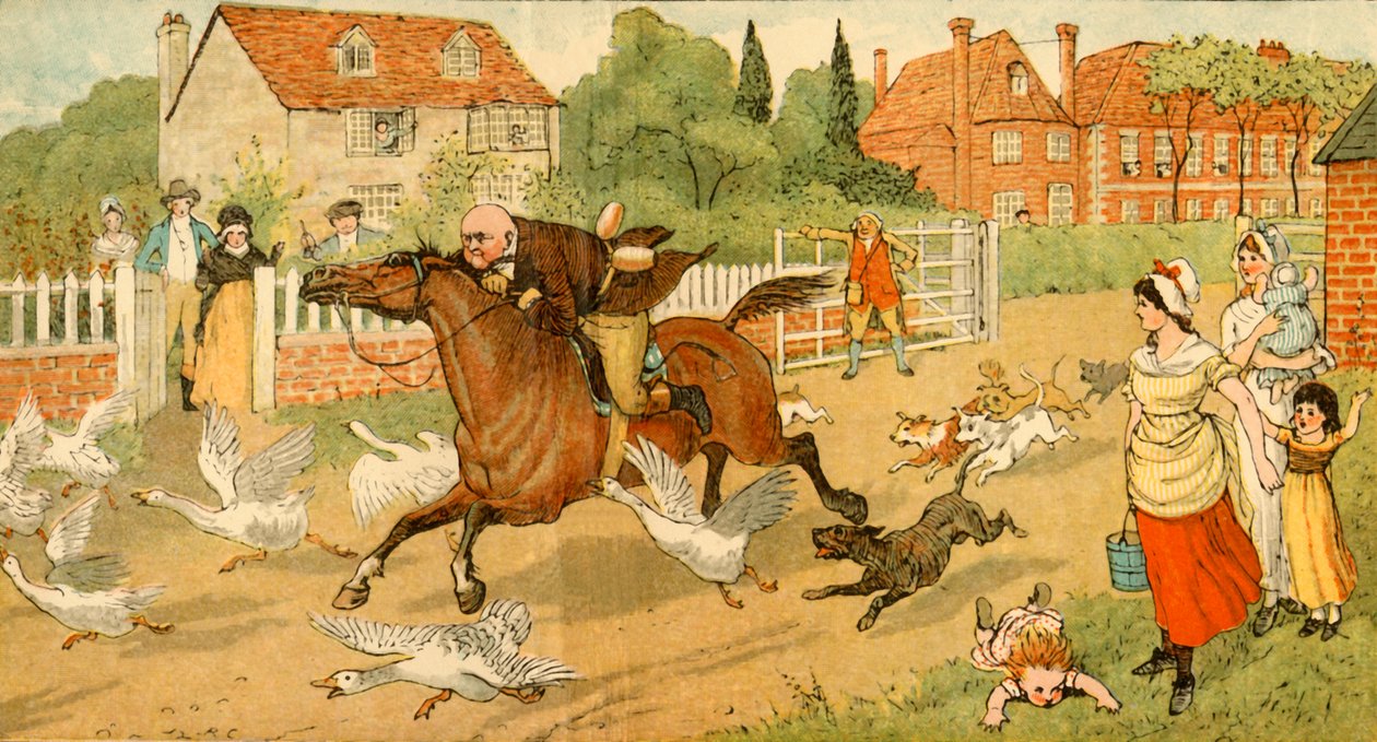 John Gilpin cválá vesnicí, 1878, c1918. od Randolph Caldecott