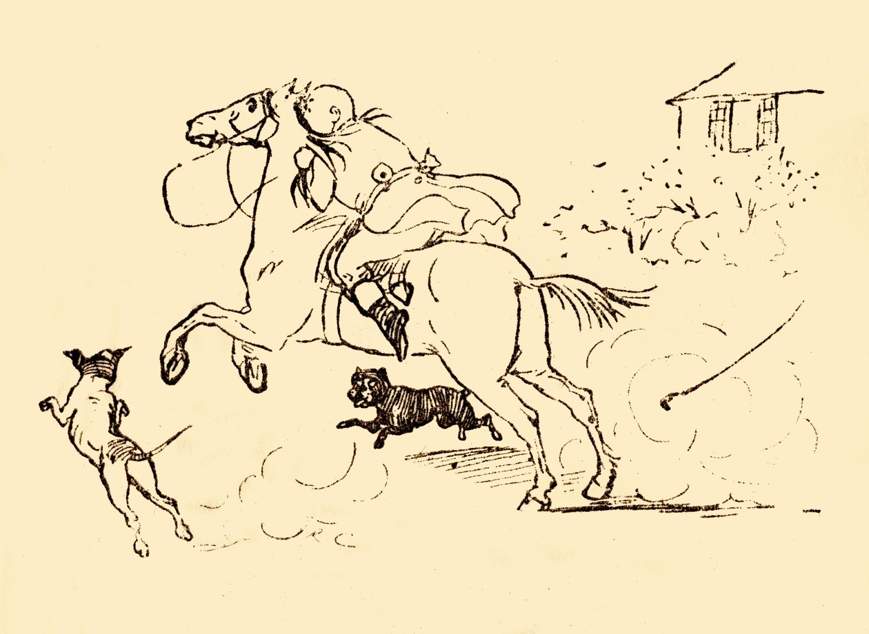 John Gilpin je pronásledován psy, když jeho kůň cválá mimo kontrolu, 1878, c1918. od Randolph Caldecott