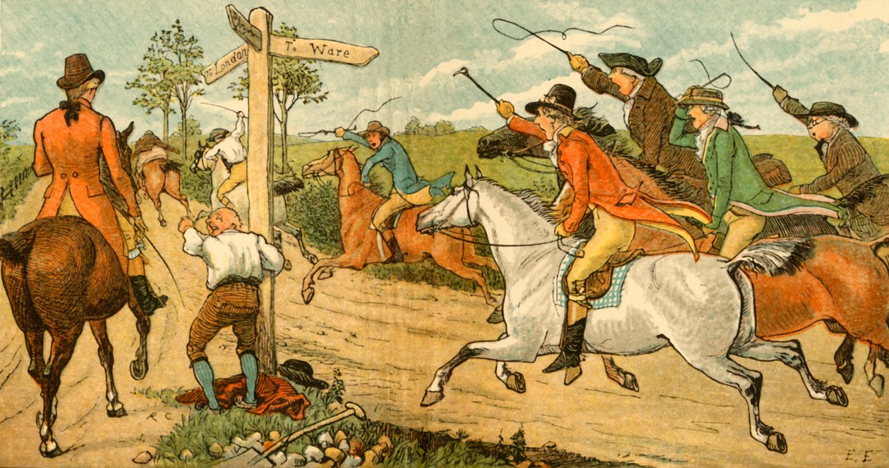 John Gilpin na svém jezdeckém koni pronásledovaný kolemjdoucími, 1878, c1918. od Randolph Caldecott