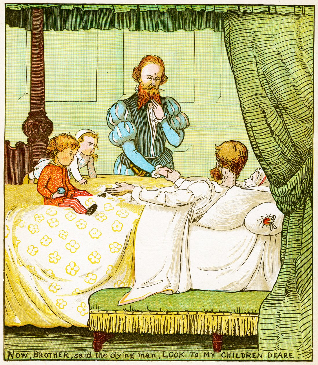 "Nyní, bratře, řekl umírající muž, podívej se na mé děti, drahé," ilustrace od Babes v lese od Randolph Caldecott