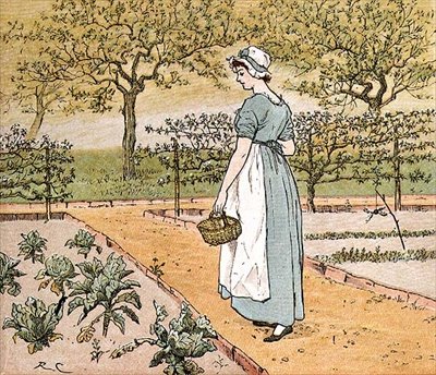 „Šla do zahrady nakrájet zelný list, aby udělala jablečný koláč“, ilustrace z „Sám velký panjandrum“ (barevná rytina) od Randolph Caldecott