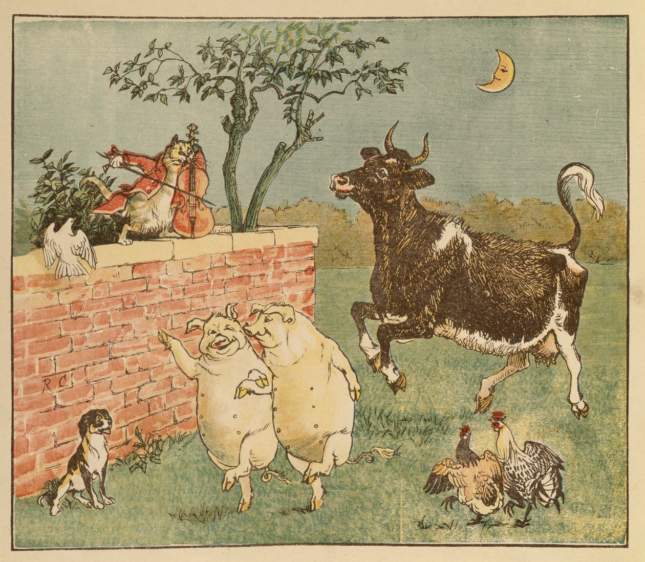 Kočka, housle a kráva - ilustrace z knihy Hey Diddle Diddle od Randolph Caldecott
