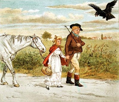 Farmář s obvázanou hlavou z knihy "Farmář klusal na své šedé kobyle od Randolph Caldecott