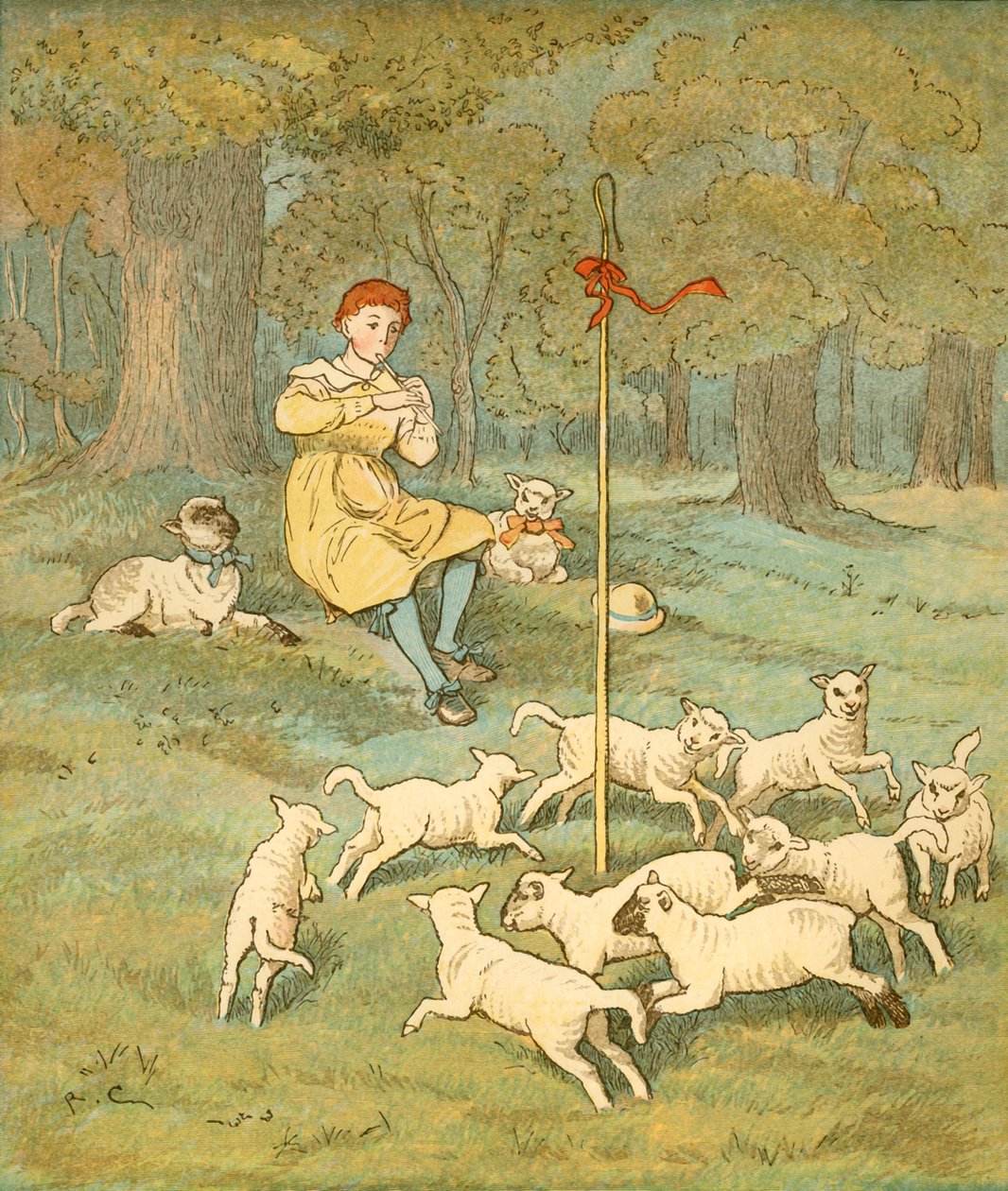 Farmers Boy hraje na dýmku, zatímco jehňata tančí kolem jeho pastýřského křiváka, c1881. od Randolph Caldecott