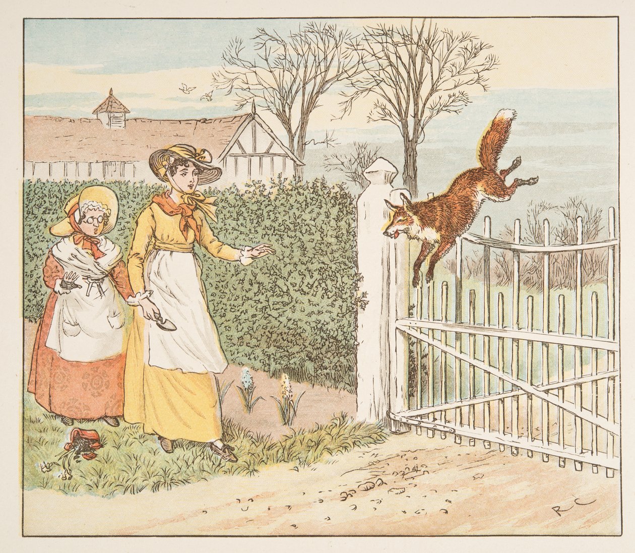 Liška skáče přes farářovu bránu, z The Hey Diddle Diddle Picture Book, pub. 1882 (barevná rytina) od Randolph Caldecott