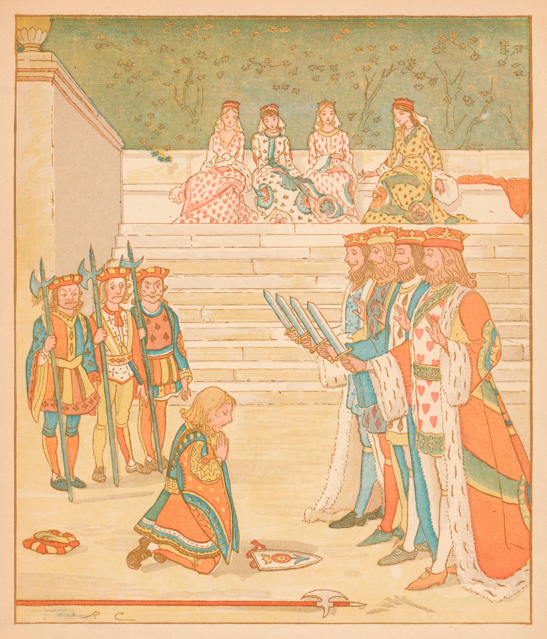 Knave of Hearts, přinesl zpět ty koláče a slíbil, že už nebude krást, 1880. od Randolph Caldecott