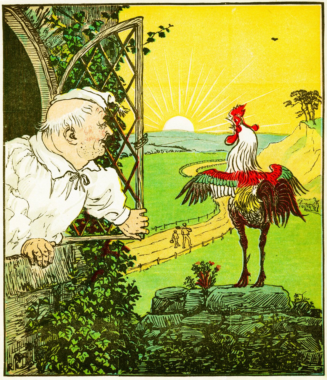 „Toto je kohout, který ráno zakokrhal, který probudil soudce, celý oholený a ostříhaný“, ilustrace z The House that Jack Built od Randolph Caldecott