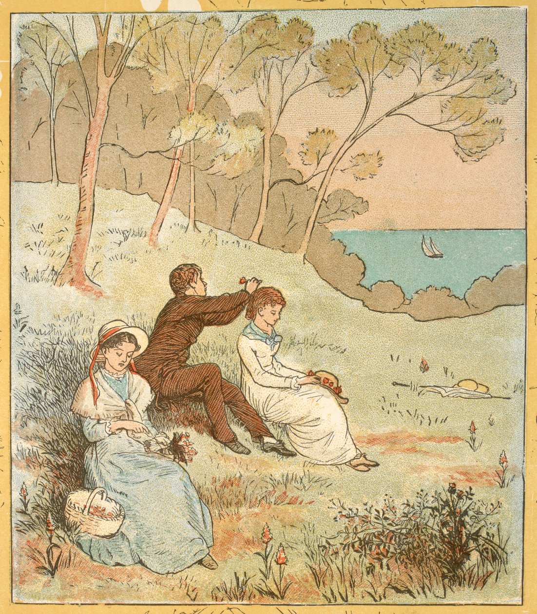 Dvě ženy a muž sedí na mýtině poblíž pobřeží. od Randolph Caldecott