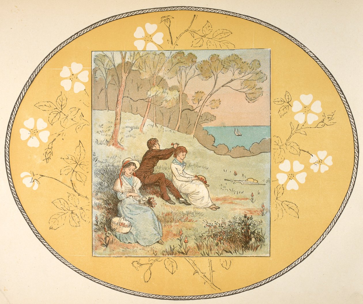 Dvě ženy a muž sedí na mýtině poblíž pobřeží. Květinové hranice. od Randolph Caldecott