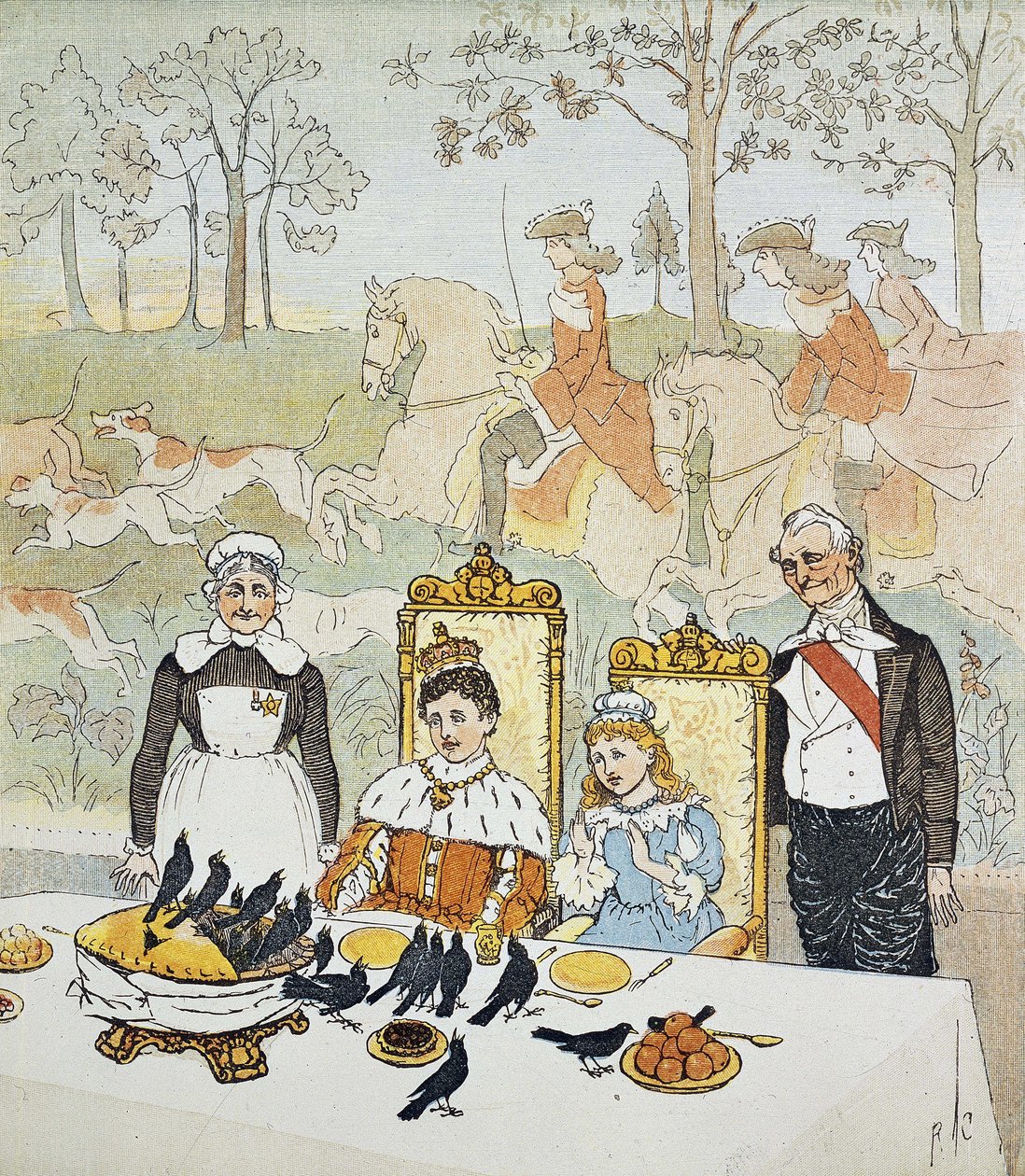 Král a královna sedící u stolu obklopeni služebnictvem, za nimi lovecká scéna. Deska 14 z "Obrázkové knihy"" od Randolpha Caldecotta (1846-1886). 1879. Referenční číslo instituce britské knihovny: Shelfmark ID: 12805.s.17 A King and Q od Randolph Caldecott