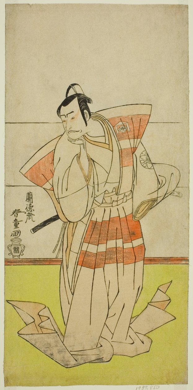 Herec Nakamura Nakazo I jako Kudo Suketsune ve hře Edo no Fuji Wakayagi Soga, hrál v divadle Nakamura v prvním měsíci, 1789 od Rantokusai Shundo