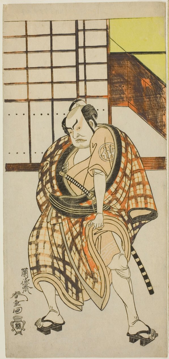 Herec Nakamura Sukegoro II jako Sasano Sangobei ve druhé části hry Iro Moyo Aoyagi Soga (Sóga zelené vrby erotického designu), hrál v divadle Nakamura ve druhém měsíci, 1775 od Rantokusai Shundo