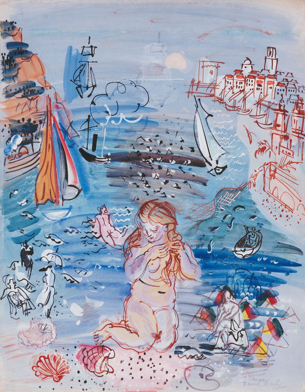 Amfitríta v marseillském přístavu; Amphitrite dans le Port de Marseille, asi 1927-30 (akvarel a kvaš na papíře položeném na silném kartonu) od Raoul Dufy