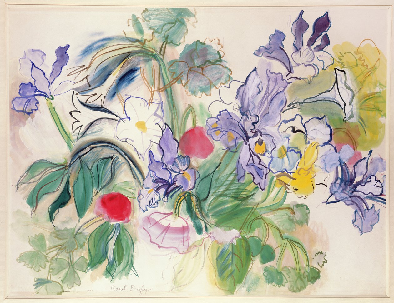 Kytice kosatců a červených máků, asi 1948 (akvarel na papíře) od Raoul Dufy