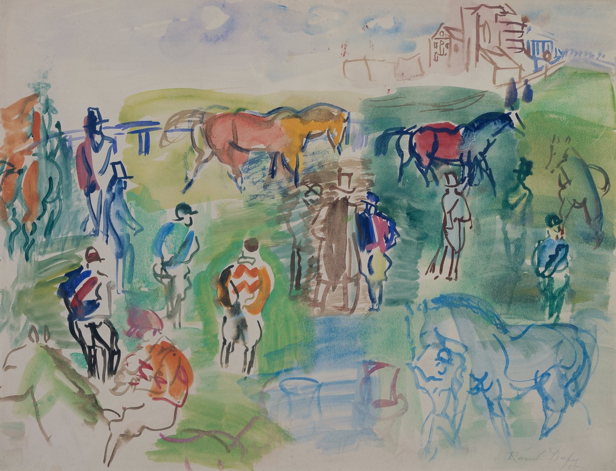 Koně a žokejové v Epsomu (kvaš na papíře) od Raoul Dufy