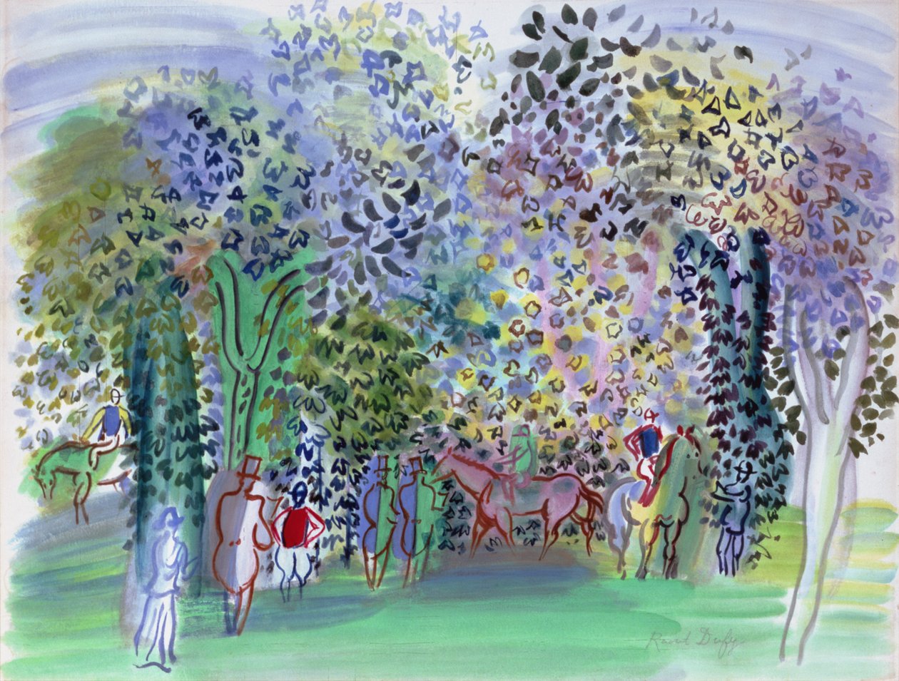 Koně a žokejové pod stromy, asi 1930-1 (akvarel) od Raoul Dufy