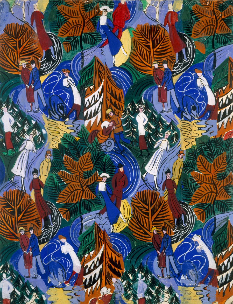Bruslaři, návrh na potištěné hedvábí, cca 1914-20 (barevná litografie) od Raoul Dufy