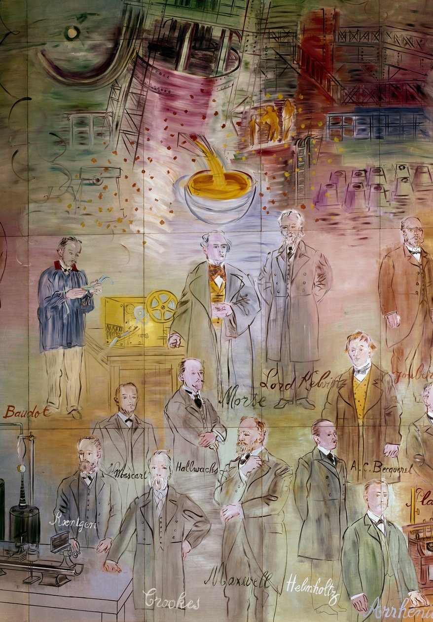 La Fee Electricite, detail: portréty Emila Baudota, Samuela Morse, Williama Thomsona (lorda Kelvina), Julese Francoise Jouberta, Wilhelma Conrada Rentgena, Eleuthere Mascartové, Wilhelma Hallwachse, Henriho Becquerela, Williama Crookese, Jamese Clerka Maxw od Raoul Dufy