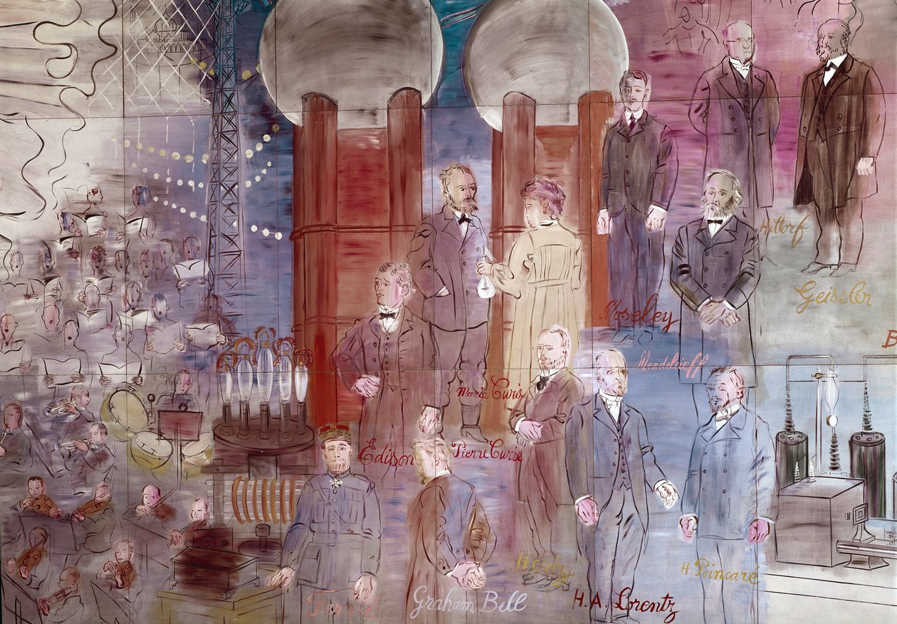 La Fee Electricite, detail: Portréty Johanna Wilhelma Hittorfa, Heinricha Geisslera, Henryho Moseleyho, Pierra Curieho, Marie Curie, Dmitrije Mendeleye, Thomase Edisona a Grahama Bella. 1937 (malba) od Raoul Dufy