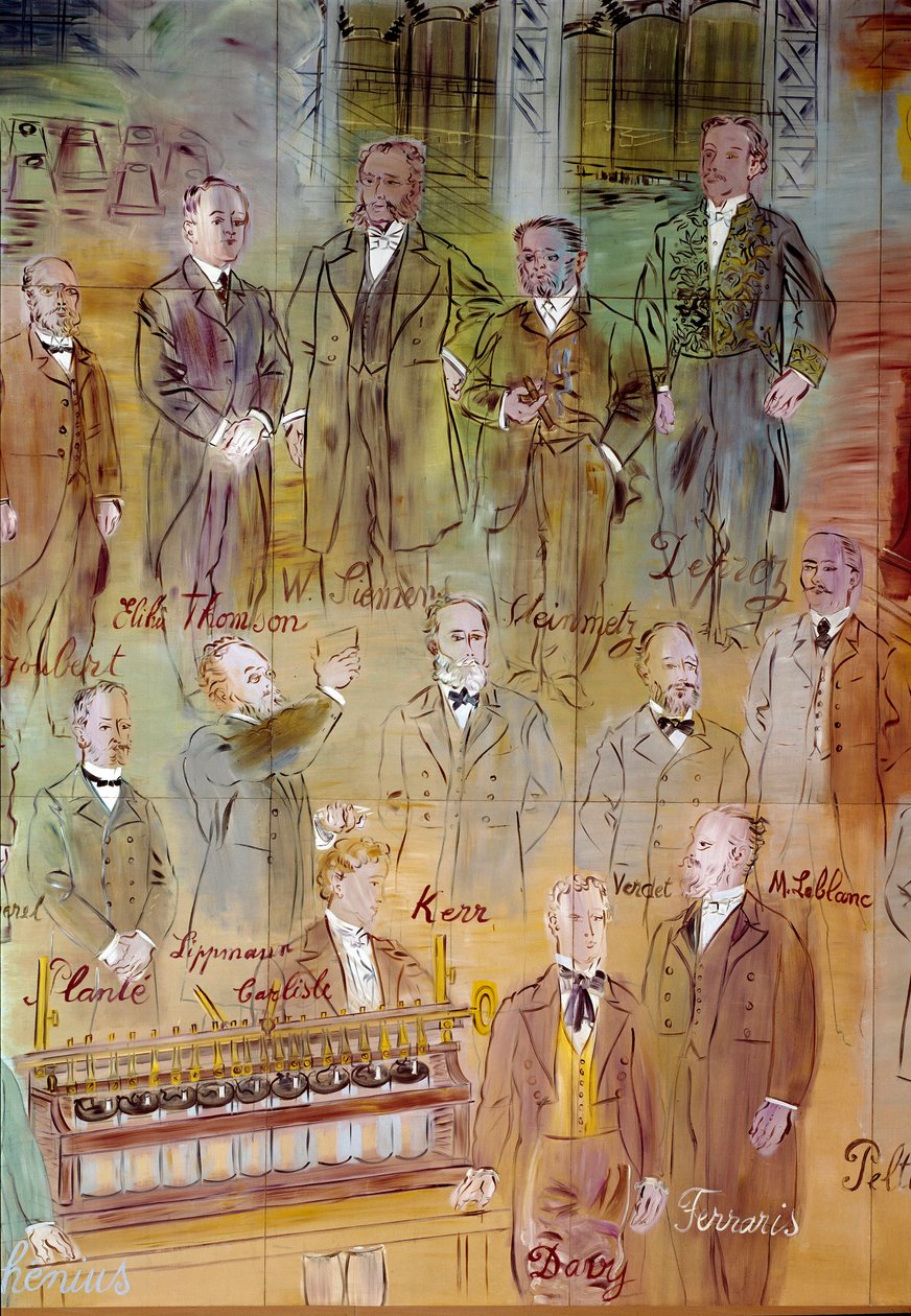 La Fee Electricite, detail: Portréty různých intelektuálů a vědců: Jules Francois Joubert, Elihu Thomson, Ernst Werner Siemens, Charles Proteus Steinmetz, Marcel Deprez, Gaston Plante, Gabriel Lippmann, John Kerr, Maurice Leblanc, Humphrey Da od Raoul Dufy