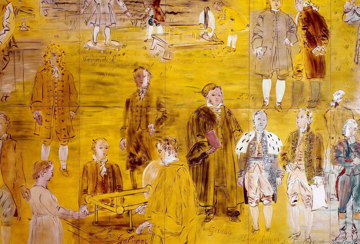 La Fee Electricite, detail: Portréty různých vědců: Le Monnier, Franz Aepinus, Denis Papin, Joseph Priestley, Luigi Galvani, Carl Friedrich Gauss, Simeon-Denis Poisson, Pierre Simon de Laplace a Charles de Coulomb. 1937 (malba od Raoul Dufy
