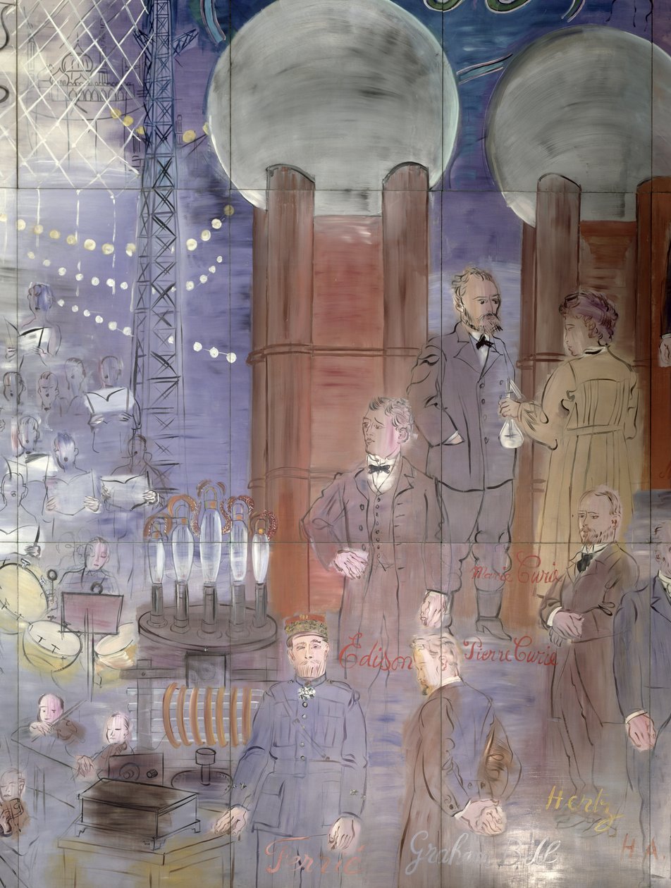 La Fee Electricite, detail levé strany s vyobrazením vědců od Raoul Dufy