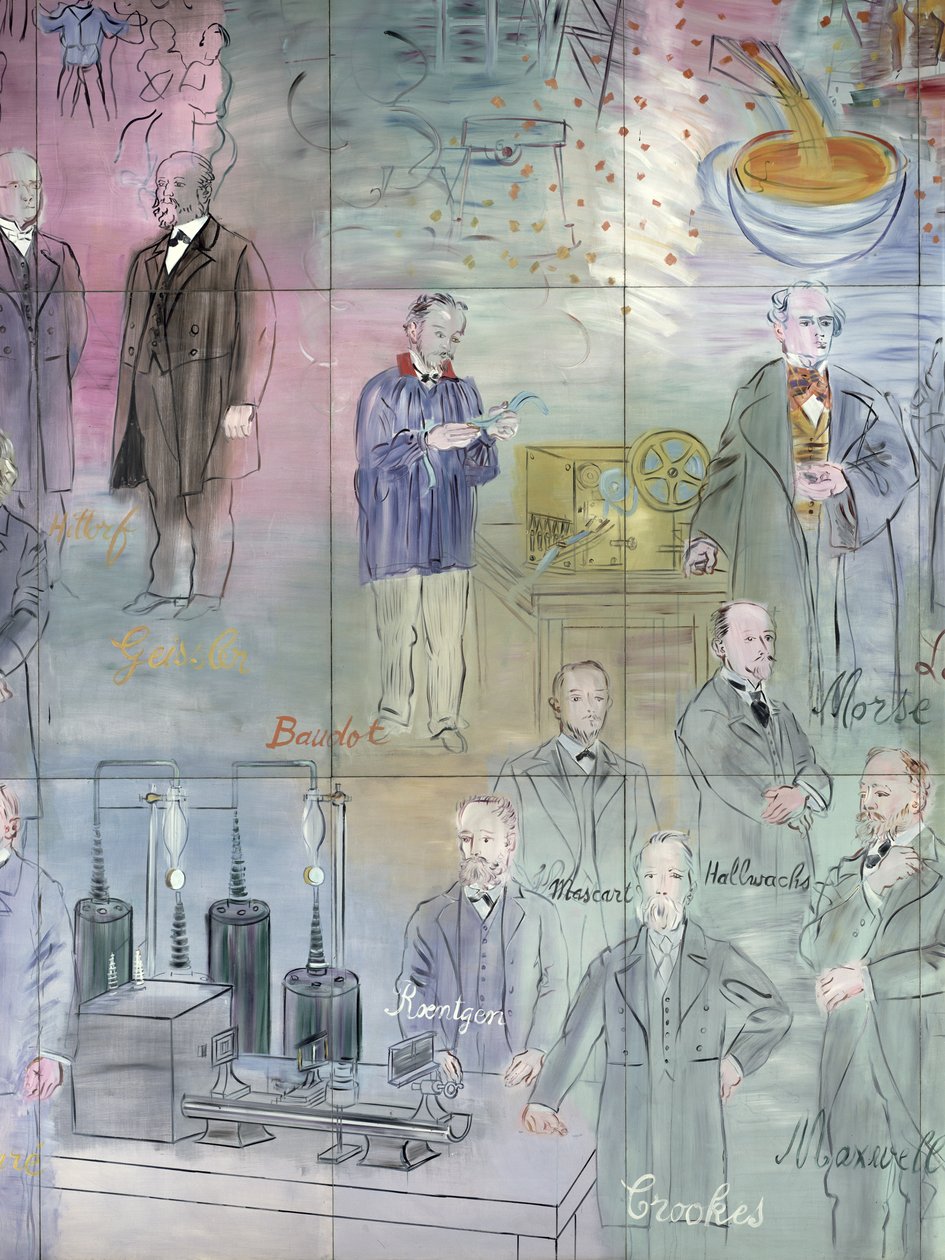 La Fee Electricite, detail levé strany s vyobrazením vědců od Raoul Dufy