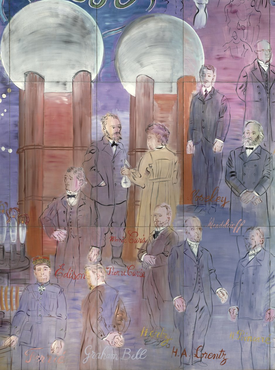La Fee Electricite, detail levé strany s vyobrazením vědců od Raoul Dufy